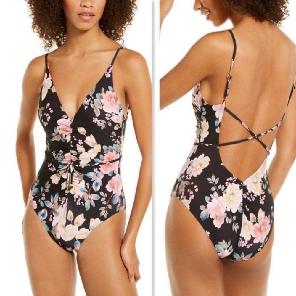BECCA by Rebecca Virtue One Piece Swimsuit MED First Date Black Floral Plunging